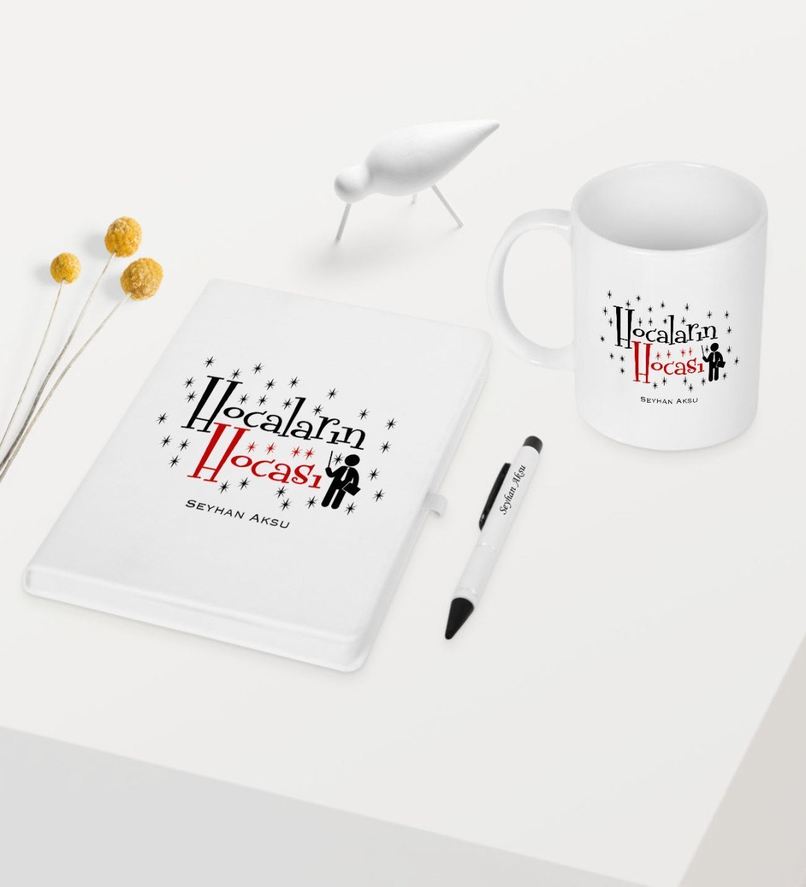 Kişiye Özel Hocaların Hocası Temalı Beyaz Defter Kalem Kupa Seti - 1