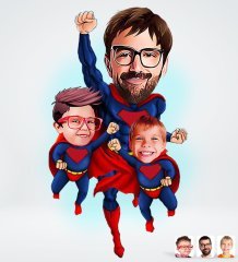Kişiye Özel Süper Baba 2 Çocuk Tasarımlı Dijital Karikatür-1