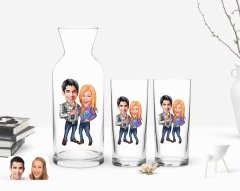 Kişiye Özel Renkli Baskılı Sevgililer Karikatürlü İkili Rakı Bardağı ve Karaf Hediye Seti-50