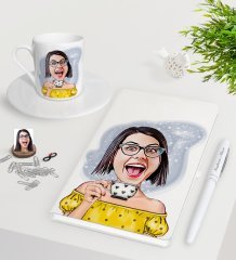 Kişiye Özel Bayan Karikatürlü Beyaz Defter Kalem Türk Kahvesi Fincanı Seti-48