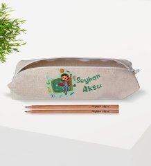 Çocuklara Özel İsimli Keten Okul Kalemliği ve Ahşap Kurşun Kalem Hediye Seti-7