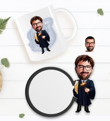 Kişiye Özel Erkek Hakim Karikatürlü Beyaz Kupa ve Ahşap Bardak Altlığı Hediye Seti-1