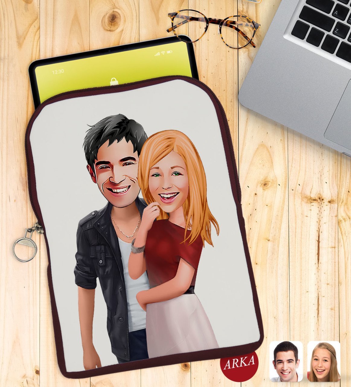 Kişiye Özel Sevgililer Karikatürlü Taşınabilir Koruyucu Tablet Kılıfı & Organizer Çanta - Bordo-90