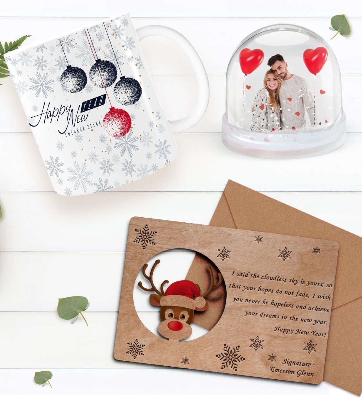 Kişiye Özel Fotoğraflı Kar Küresi & Happy New Year Kupa Bardak & Retro Ahşap Yılbaşı Tebrik Kartı Hediye Seti-8B