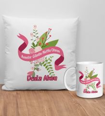 BK Gift Kişiye Özel Anne Tasarımlı Beyaz Kırlent Yastık ve Kupa Seti-10, Anneye Hediye, Anneler Günü Hediyeleri