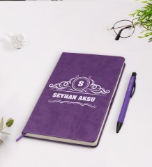 Kişiye Özel İsimli Mor Termo Deri Defter Kalem Seti Model 33