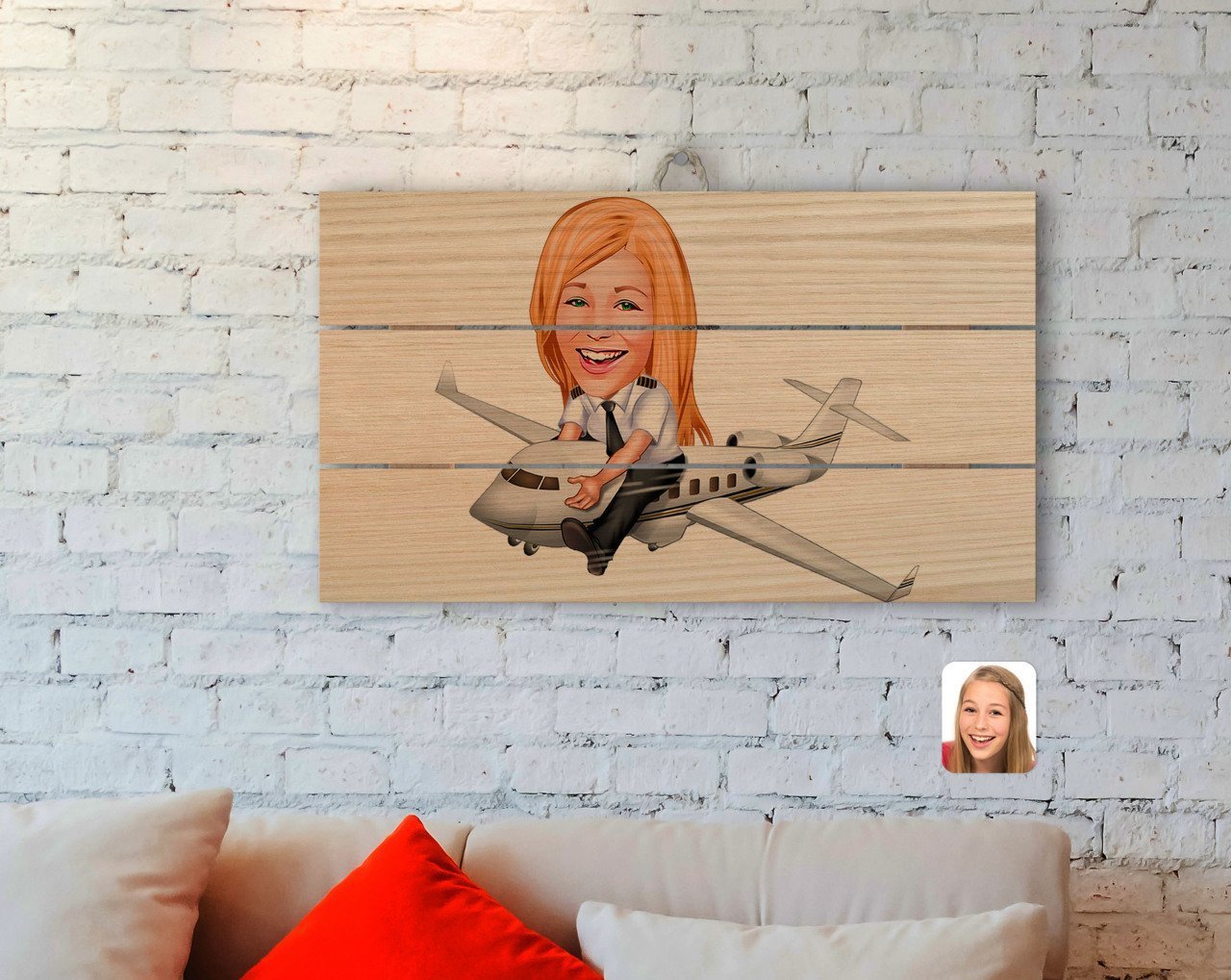 Kişiye Özel Kadın Kaptan Pilot Karikatürlü Otantik Ahşap Palet Tablo-1