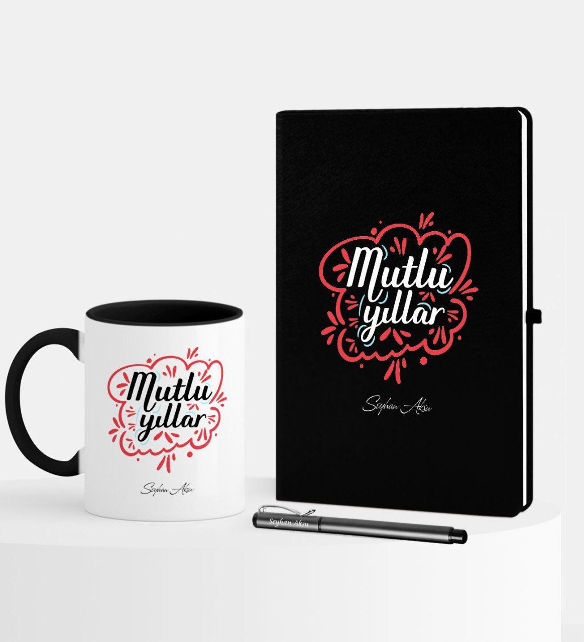 Kişiye Özel Yılbaşı Mutlu Yıllar Temalı Siyah Defter Kalem Kupa Seti - 4