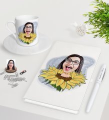 Kişiye Özel Bayan Karikatürlü Beyaz Defter Kalem Türk Kahvesi Fincanı Seti-47