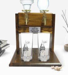 Kişiye Özel Renkli Baskılı Galata Kulesi Tasarımlı İkili Rakı Bardağı ve Çift Musluklu Doğal Ahşap Rakı Standı-10