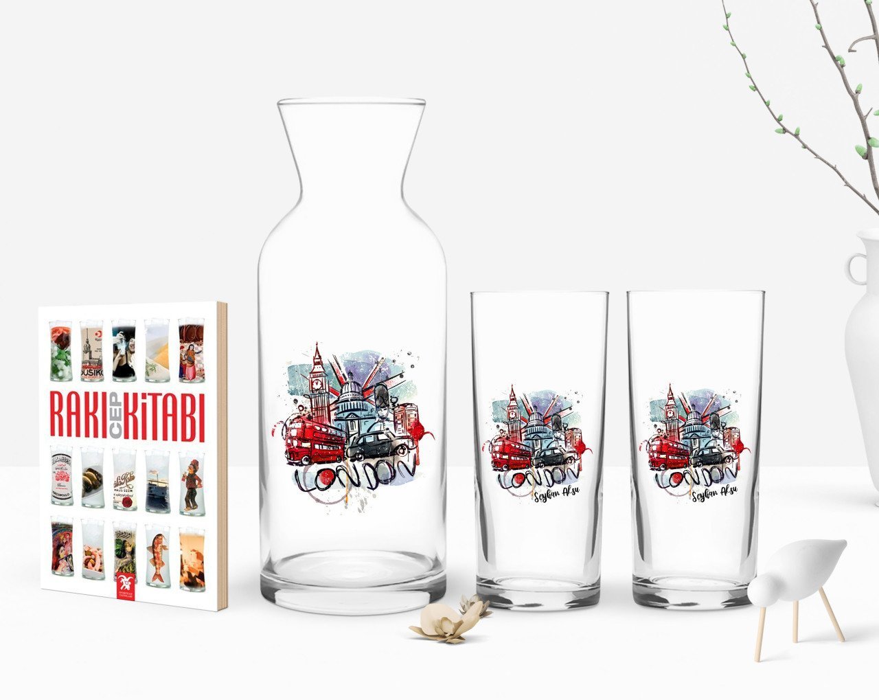 Kişiye Özel Renkli Baskılı London Tasarımlı İkili Rakı Bardağı Karaf ve Cep Kitabı Hediye Seti-1