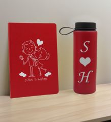 BK Gift Sevgiliye Özel İsimli Kırmızı Defter ve Cam Matara Hediye Seti-4, Sevgiliye Hediye, Sevgililer Günü, Yeni İş Hediyesi