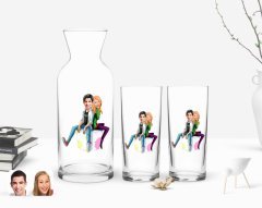 Kişiye Özel Renkli Baskılı Sevgililer Karikatürlü İkili Rakı Bardağı ve Karaf Hediye Seti-35