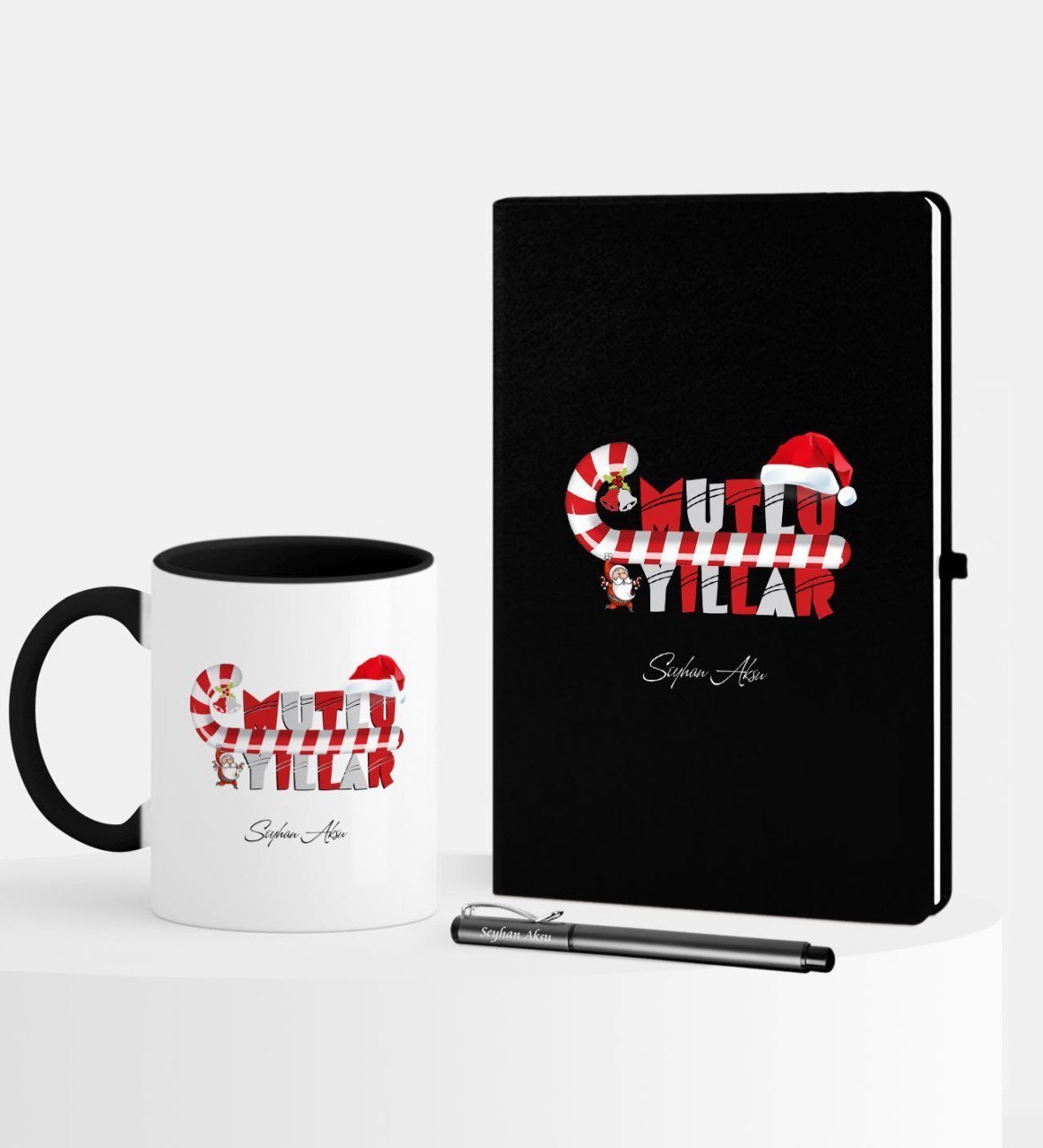Kişiye Özel Yılbaşı Mutlu Yıllar Temalı Siyah Defter Kalem Kupa Seti - 2