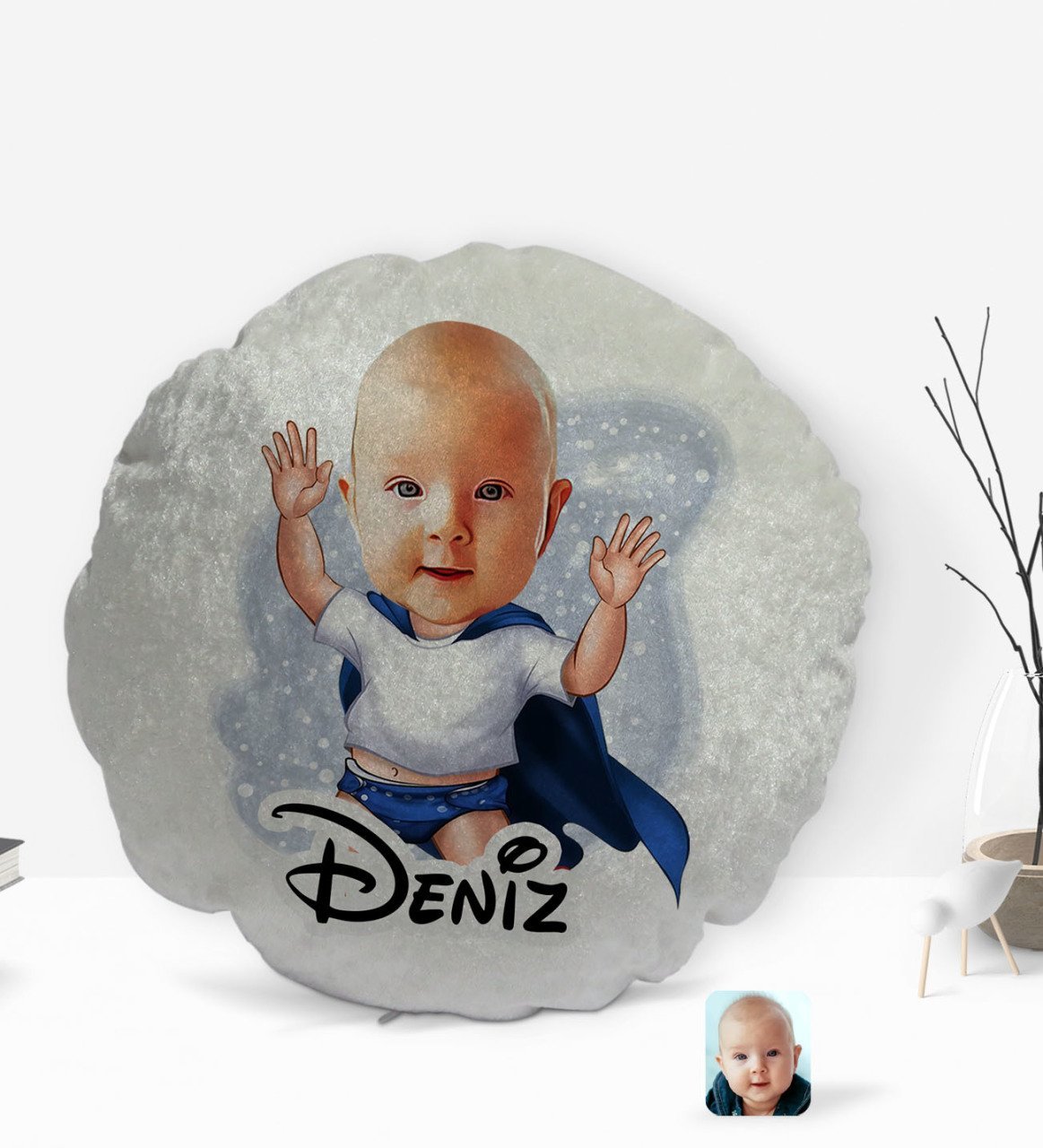 Kişiye Özel İsimli Bebek Karikatürlü Yuvarlak Dekoratif Kırlent Yastık-3