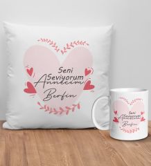 BK Gift Kişiye Özel Anne Tasarımlı Beyaz Kırlent Yastık ve Kupa Seti-8, Anneye Hediye, Anneler Günü Hediyeleri