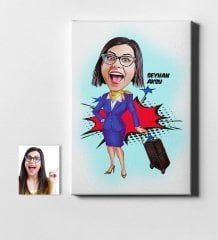 Kişiye Özel Bayan Uçuş Görevlisi Hostes Karikatür Kanvas Tablo (50 x 70 cm.) 2
