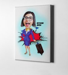 Kişiye Özel Bayan Uçuş Görevlisi Hostes Karikatür Kanvas Tablo (50 x 70 cm.) 2