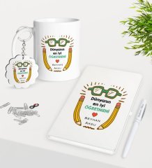 Kişiye Özel Dünyanın En İyi Öğretmeni Kupa Anahtarlık Beyaz Defter Kalem Hediye Seti-22
