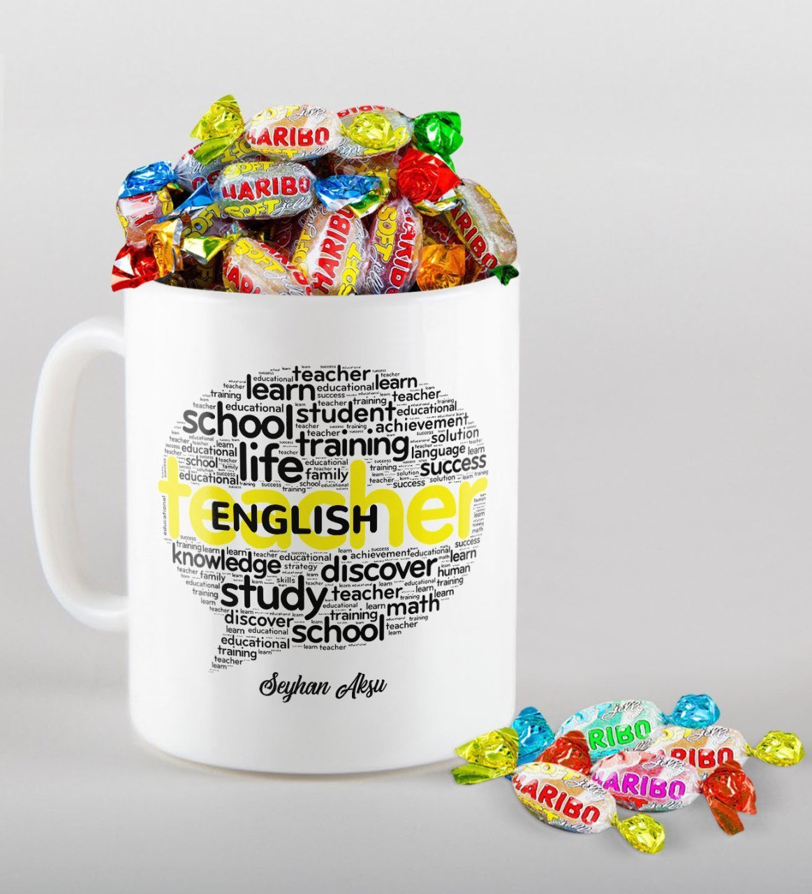 Kişiye Özel İngilizce Öğretmeni Kupa ve Haribo Şeker Hediye Seti-13