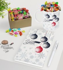 Kişiye Özel Yılbaşı Mutlu Yıllar Beyaz Defter Kalem Kupa ve Kutulu Haribo Şeker Hediye Seti-13