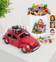 Kişiye Özel Yeni Yıl 3 Kardeş Karikatürlü Plakalı Nostaljik Kırmızı Metal Vosvos ve Kupa Haribo Şeker Seti-1