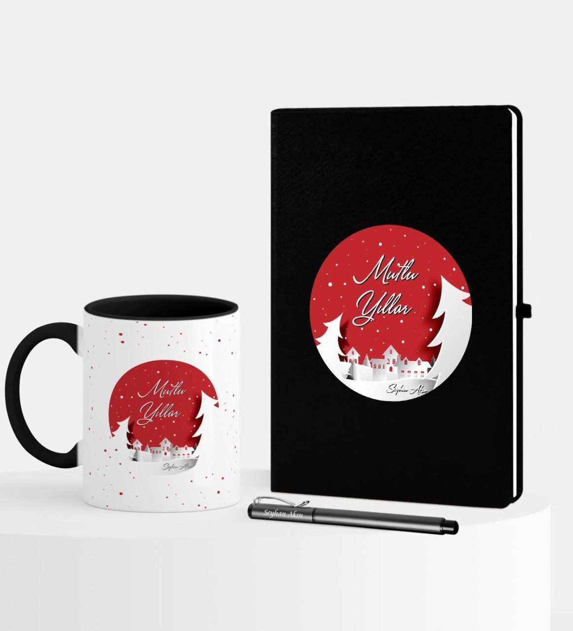 Kişiye Özel Yılbaşı Mutlu Yıllar Temalı Siyah Defter Kalem Kupa Seti - 1