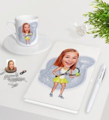 Kişiye Özel Bayan Tenis Oyuncusu Karikatürlü Beyaz Defter Kalem Türk Kahvesi Fincanı Seti-2