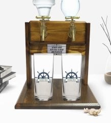 Kişiye Özel Renkli Baskılı Dümen Figürlü İkili Rakı Bardağı ve Çift Musluklu Doğal Ahşap Rakı Standı-1