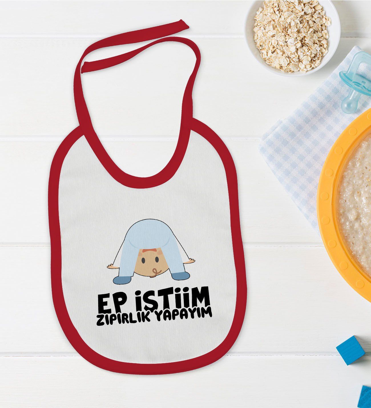 BK Kids Ep İstiim Zıpırlık Tasarımlı Kırmızı Bebek Mama Önlüğü-1