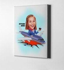 Kişiye Özel Bayan Uçuş Görevlisi Hostes Karikatür Kanvas Tablo (50 x 70 cm.) 1