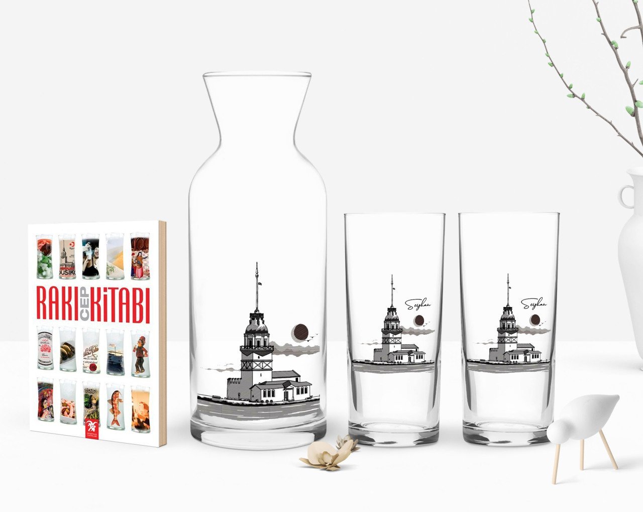 Kişiye Özel Renkli Baskılı Kız Kulesi Tasarımlı İkili Rakı Bardağı Karaf ve Cep Kitabı Hediye Seti-3