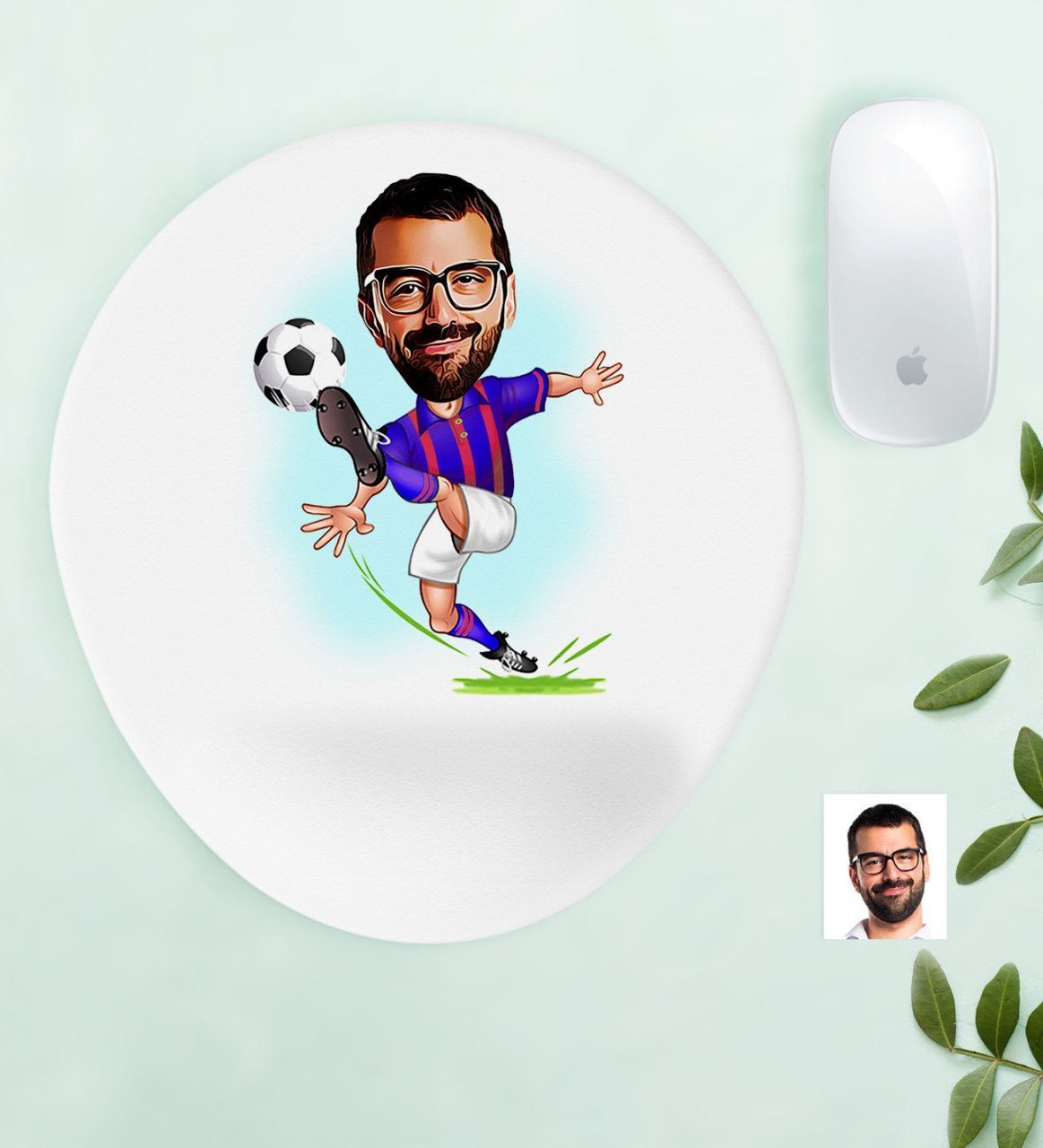 Kişiye Özel Bay Bordo Mavi Futbolcu Karikatürlü Bilek Destekli Mouse Pad