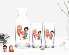 Kişiye Özel Renkli Baskılı Sevgililer Karikatürlü İkili Rakı Bardağı ve Karaf Hediye Seti-19