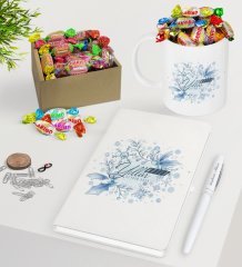 Kişiye Özel Yılbaşı Mutlu Yıllar Beyaz Defter Kalem Kupa ve Kutulu Haribo Şeker Hediye Seti-12