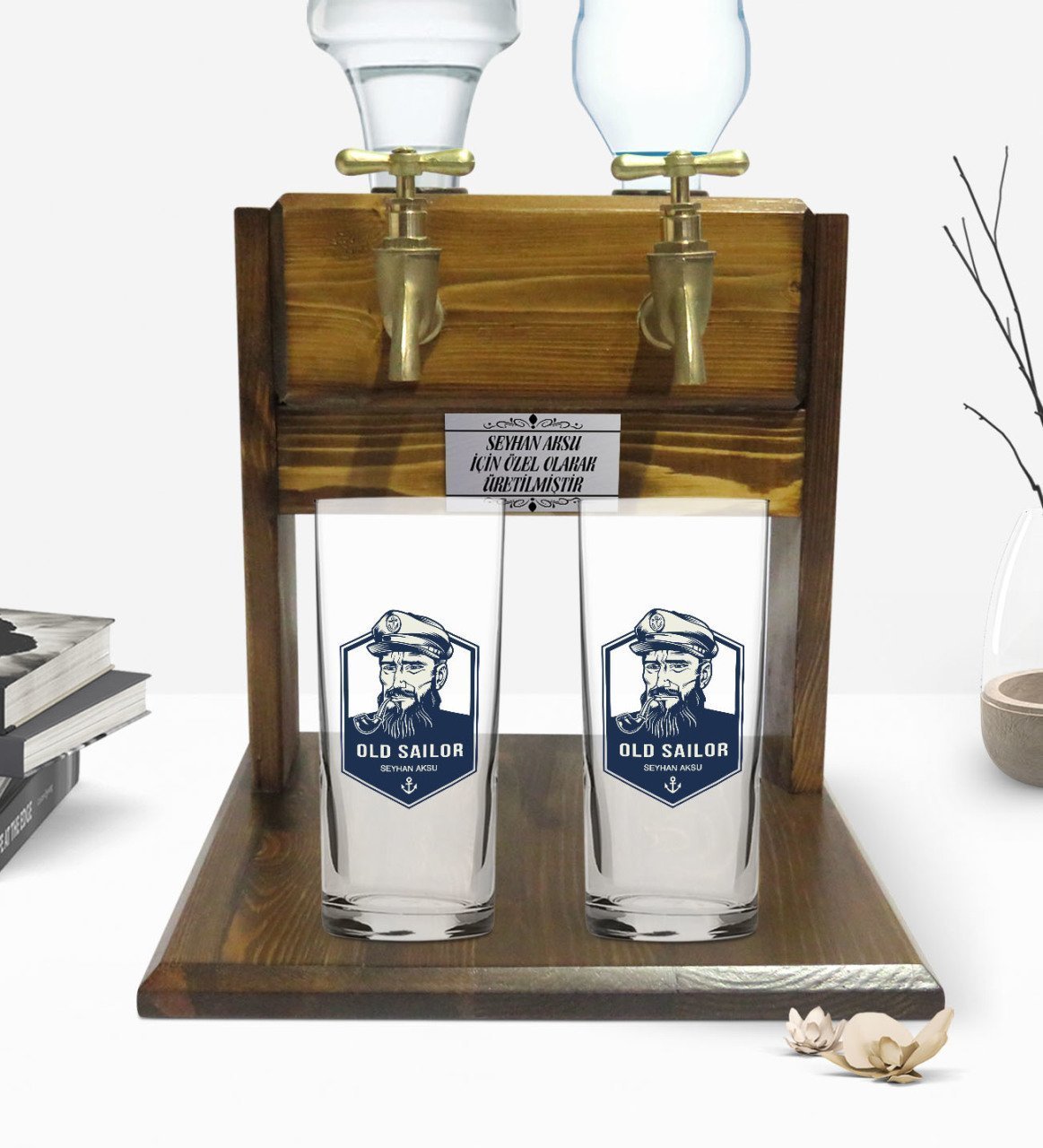 Kişiye Özel Renkli Baskılı Denizci Tasarımlı İkili Rakı Bardağı ve Çift Musluklu Doğal Ahşap Rakı Standı-1