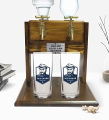 Kişiye Özel Renkli Baskılı Denizci Tasarımlı İkili Rakı Bardağı ve Çift Musluklu Doğal Ahşap Rakı Standı-1