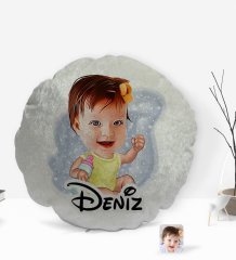 Kişiye Özel İsimli Bebek Karikatürlü Yuvarlak Dekoratif Kırlent Yastık-1