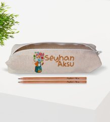 Çocuklara Özel İsimli Keten Okul Kalemliği ve Ahşap Kurşun Kalem Hediye Seti-3