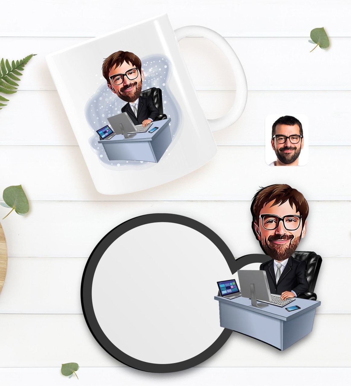 Kişiye Özel Erkek Genel Müdür Karikatürlü Beyaz Kupa ve Ahşap Bardak Altlığı Hediye Seti-1