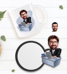 Kişiye Özel Erkek Genel Müdür Karikatürlü Beyaz Kupa ve Ahşap Bardak Altlığı Hediye Seti-1