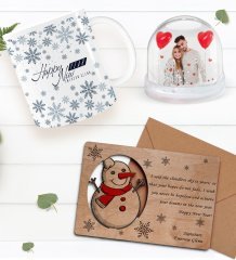 Kişiye Özel Fotoğraflı Kar Küresi & Happy New Year Kupa Bardak & Retro Ahşap Yılbaşı Tebrik Kartı Hediye Seti-7D