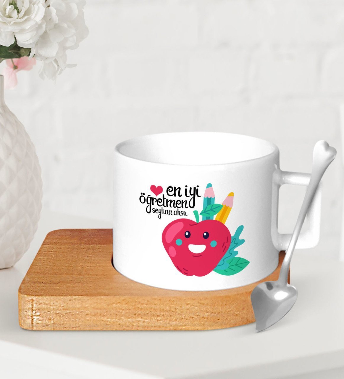 Kişiye Özel En İyi Öğretmen Ahşap Altlıklı Seramik Fincan-11