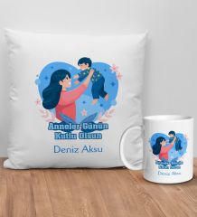 BK Gift Kişiye Özel Anne Tasarımlı Beyaz Kırlent Yastık ve Kupa Seti-6, Anneye Hediye, Anneler Günü Hediyeleri