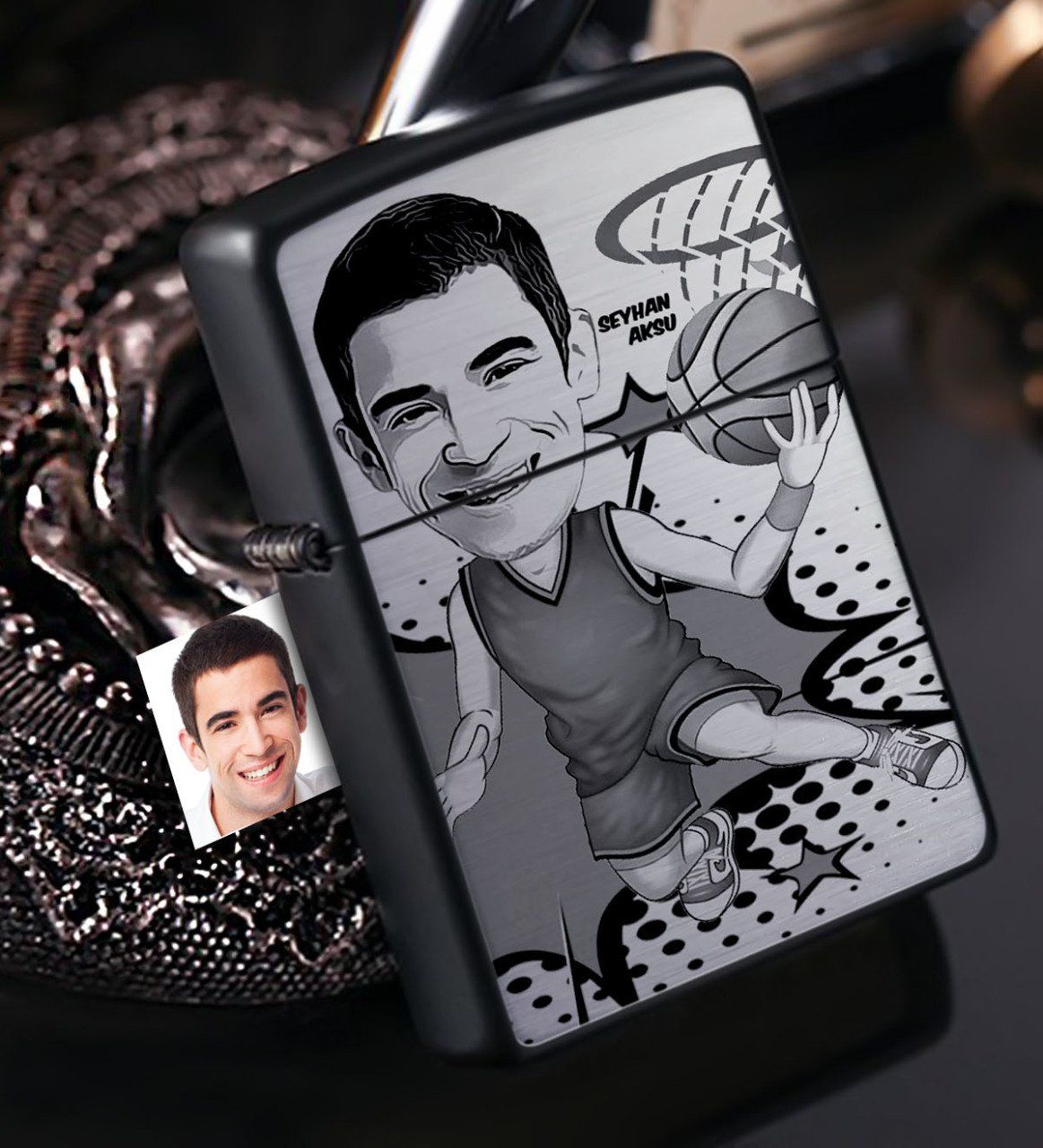 Kişiye Özel Bay Basketbolcu Karikatürlü Benzinli Siyah Metal Çakmak - 1