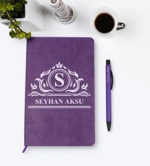 Kişiye Özel İsimli Mor Termo Deri Defter Kalem Seti Model 12