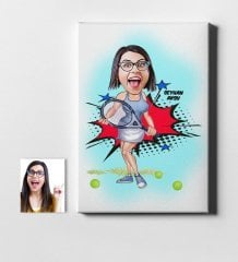 Kişiye Özel Bayan Tenis Oyuncusu Karikatür Kanvas Tablo (50 x 70 cm.) 1