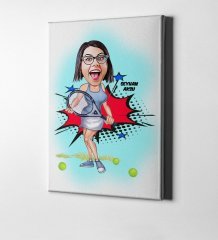 Kişiye Özel Bayan Tenis Oyuncusu Karikatür Kanvas Tablo (50 x 70 cm.) 1