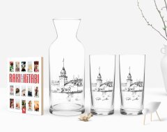 Kişiye Özel Renkli Baskılı Kız Kulesi Tasarımlı İkili Rakı Bardağı Karaf ve Cep Kitabı Hediye Seti-2