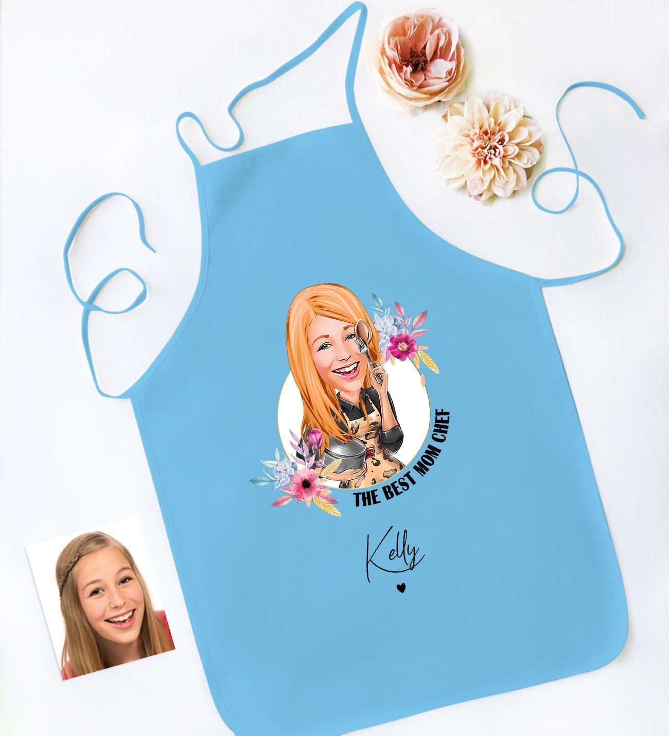 BK Gift Kişiye Özel Karikatürlü Anneler Günü Tasarımlı Mavi Mutfak Önlüğü, Aşçı Önlüğü, Şef Önlüğü, Anneye Hediye-3